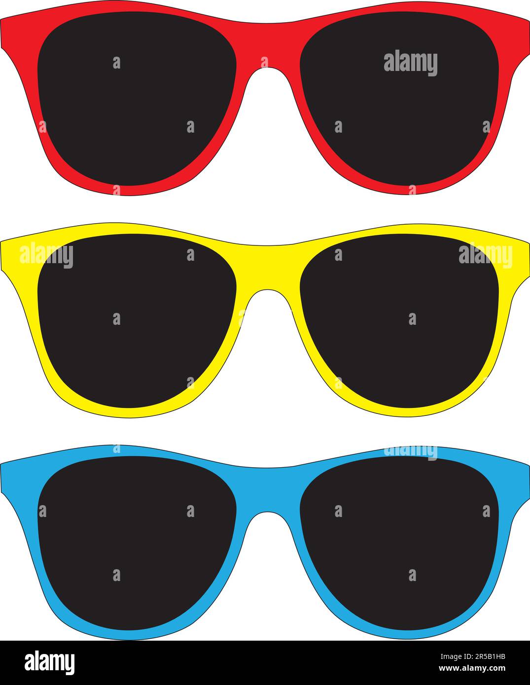 Three colored sunglasses on a white background with copy space Stock Vector