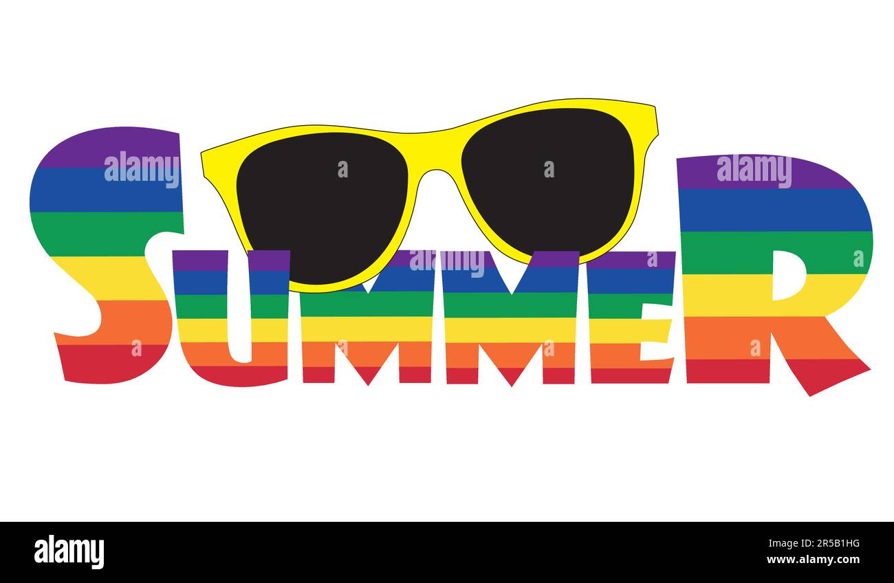 Summer banner with text in rainbow color and yellow sunglasses on a white background Stock Vector