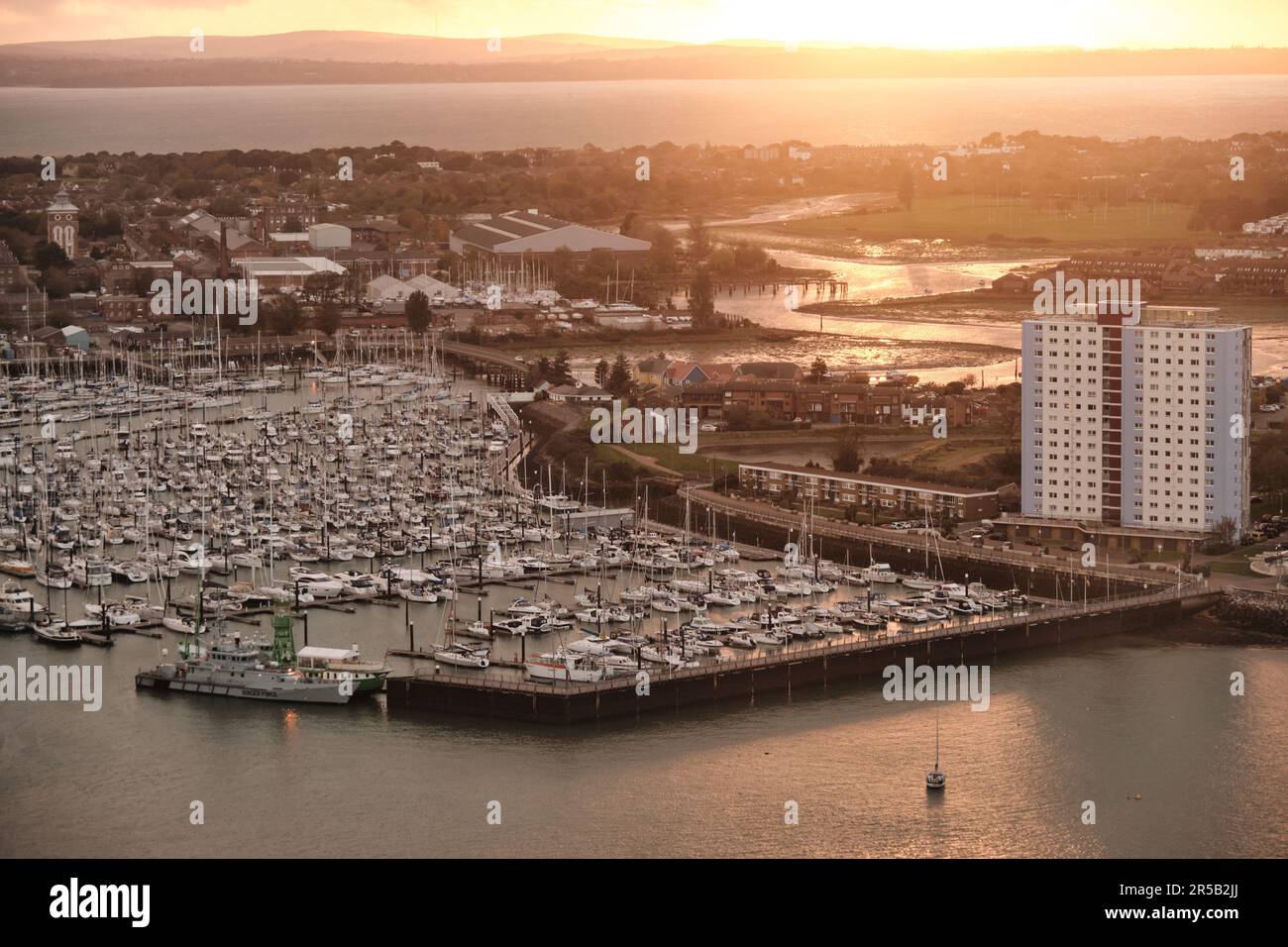 Aerial view of Haslar Marina with Gosport amd Ilse of Wight in the distance Stock Photo