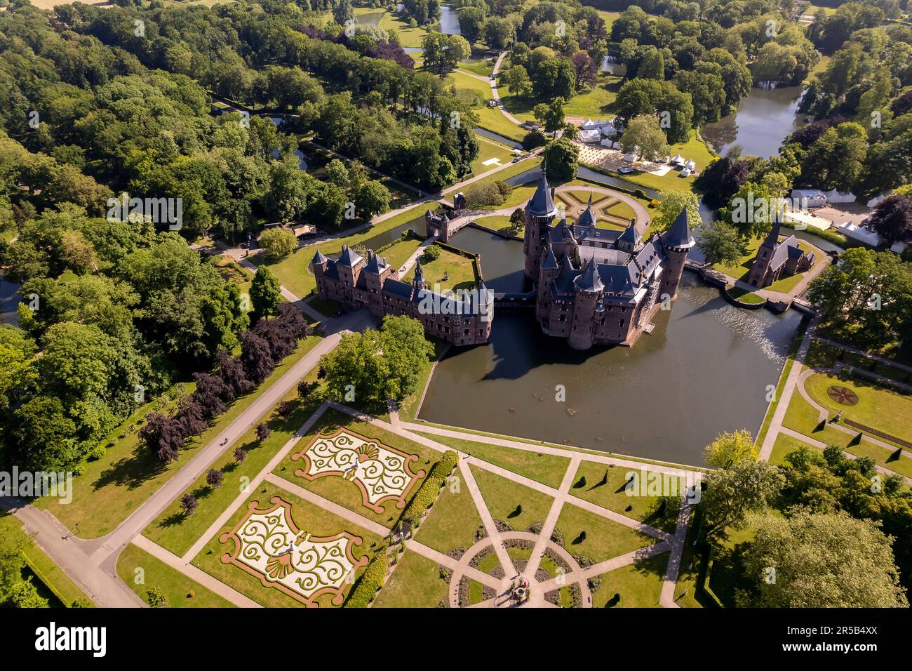 Aerial view of Dutch historic castle with landscaping gardens 