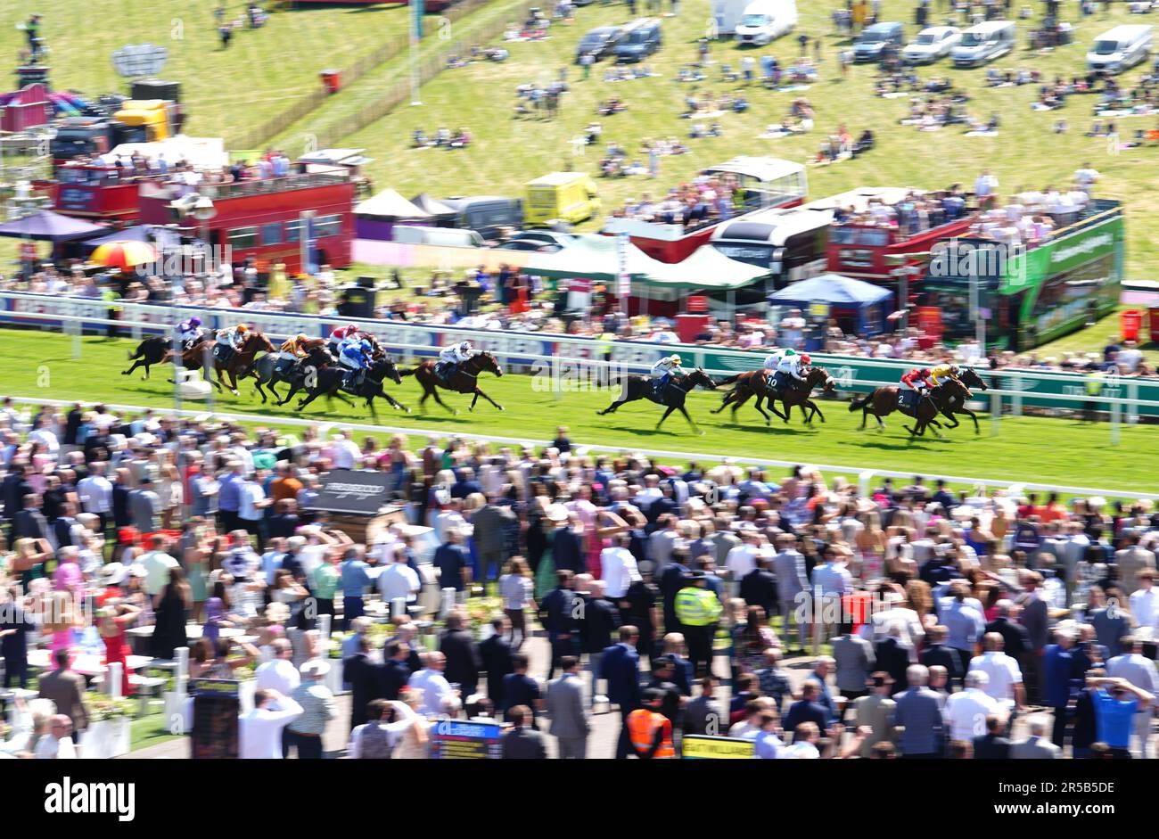 during ladies day of the 2023 Derby Festival at Epsom Downs Racecourse, Epsom. Picture date