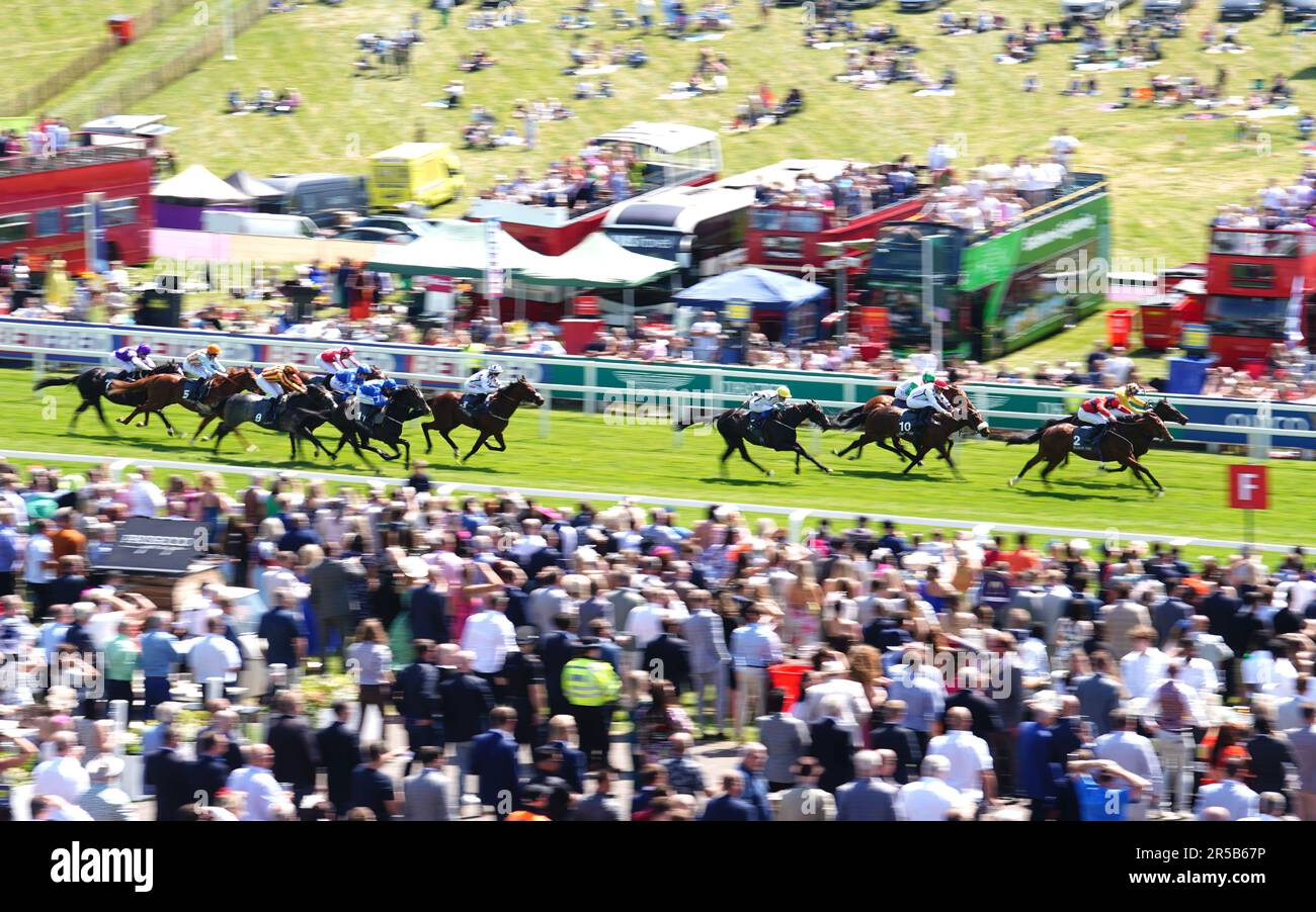 Bobsleigh ridden by jockey Charles Bishop (right, in red) wins the British EBF 40th Anniversary Woodcote Stakes with Balon D'or ridden by jockey James Doyle second during ladies day of the 2023 Derby Festival at Epsom Downs Racecourse, Epsom. Picture date: Friday June 2, 2023. Stock Photo