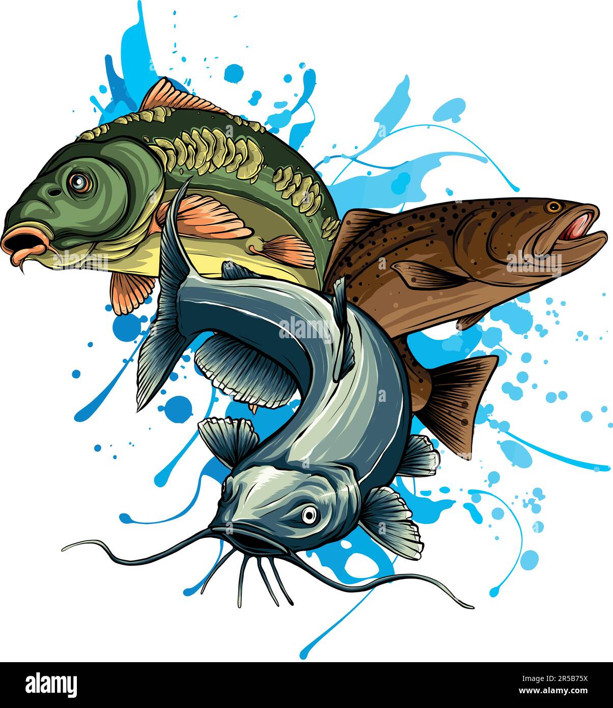 vector illustration of Various freshwater fishes Stock Vector