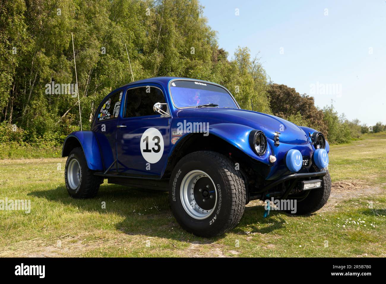 Three-quarters front view of a Blue, 1967, Volkswagen Beetle Beach Buggy, on display at the 2023 Deal Classic Care Show Stock Photo