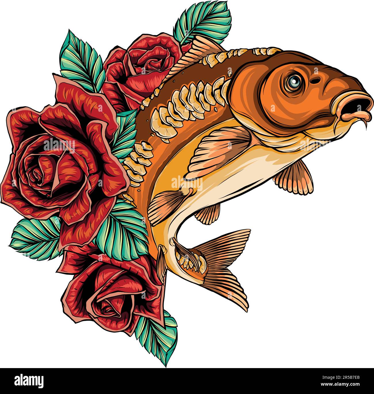 vector illustration of carp with roses on white background Stock Vector