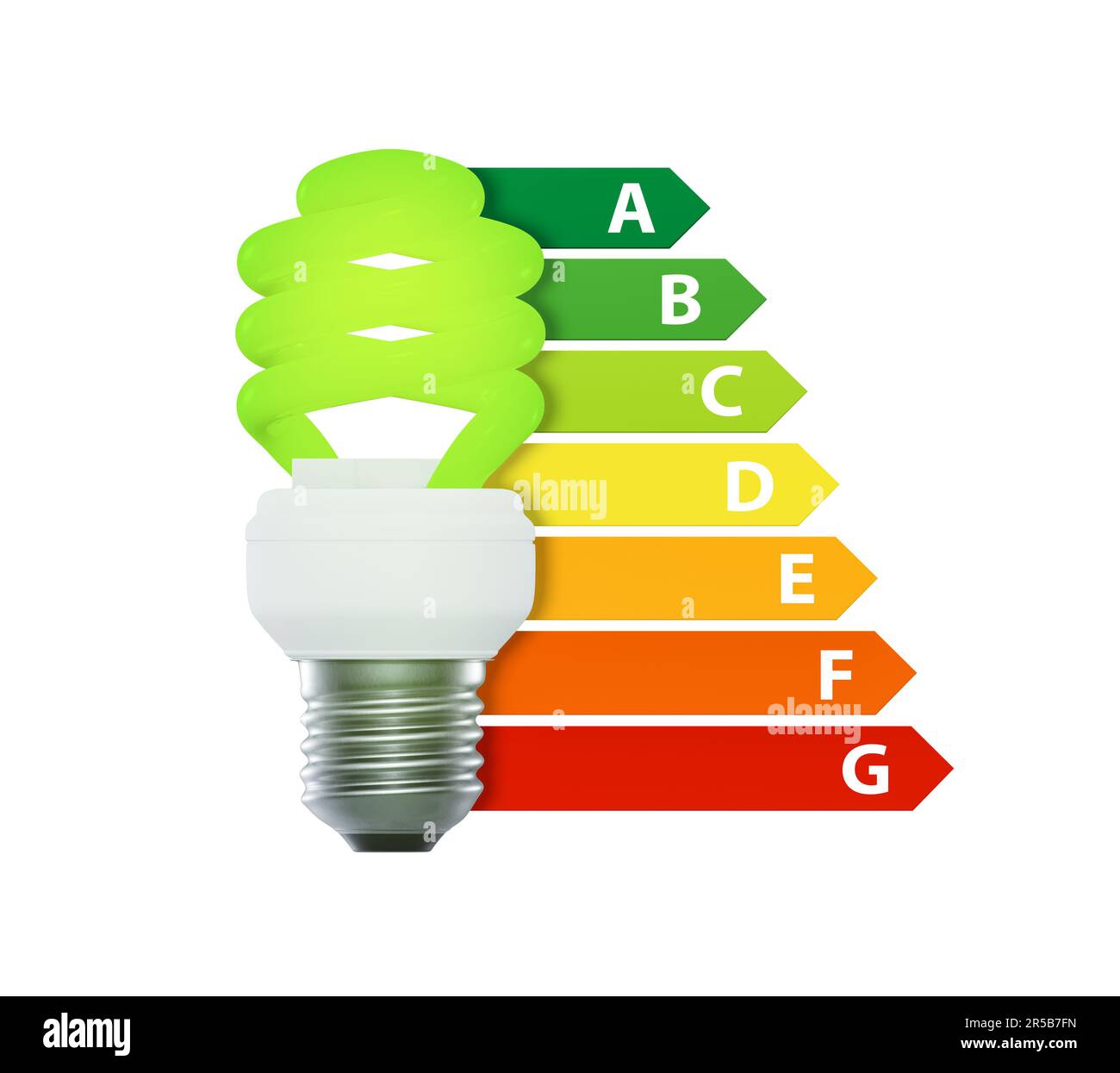 Light bulb with energy efficiency classes. European Union energy label. Render 3d. Isolated on white Stock Photo