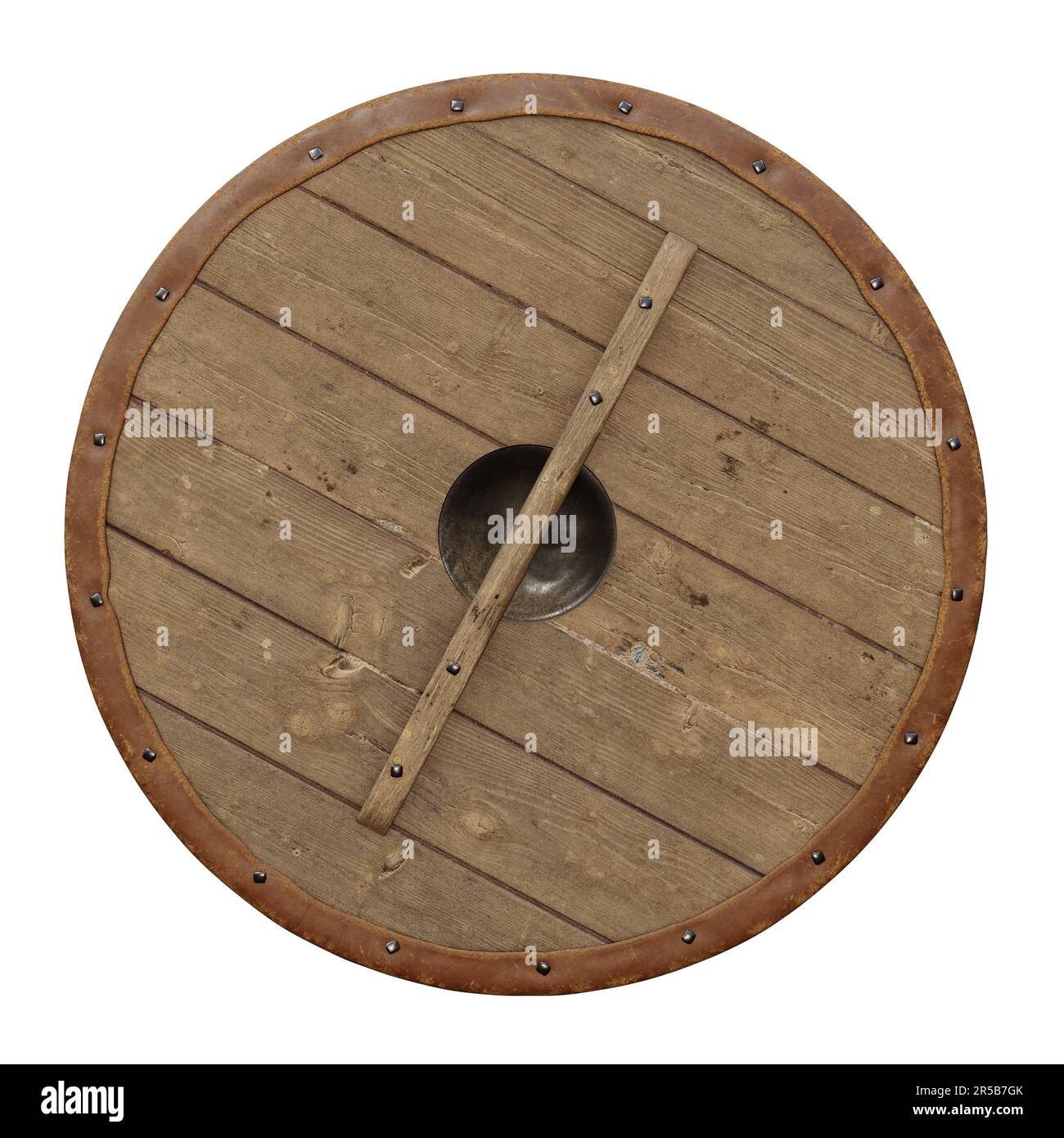Wooden round medieval shield. Render 3d. Isolated on white background Stock Photo