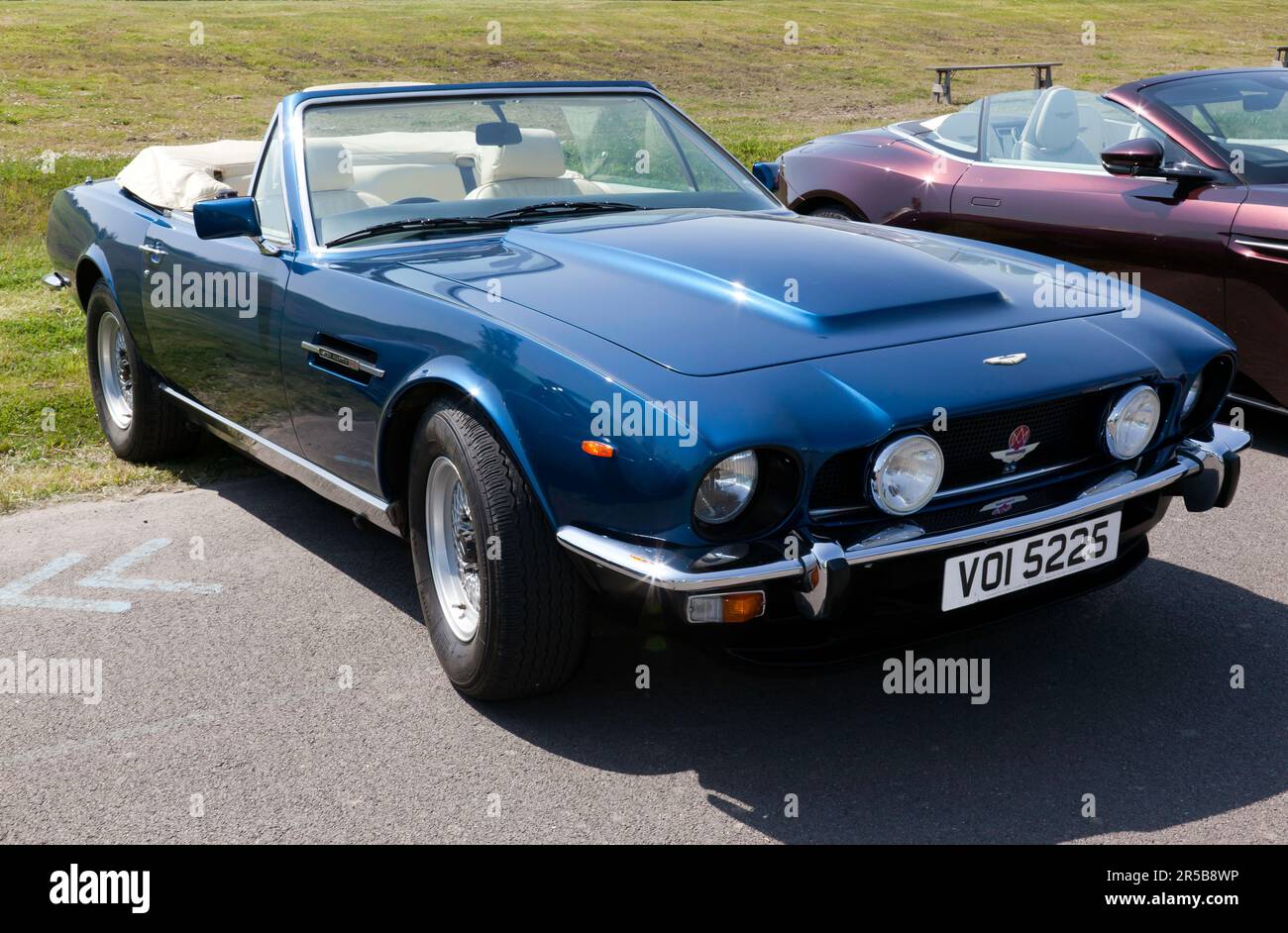 Three-quarters Front View of a Blue, 1979, Aston Martin V8 Vantage Volante , on display at the 2023 Deal Classic Car Show Stock Photo