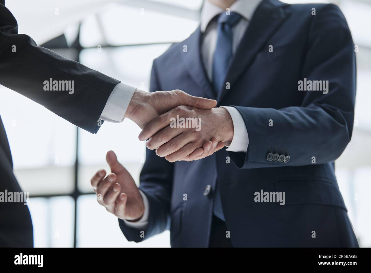 Close up of handshake on blurry conference room interior background. Partnership concept Stock Photo