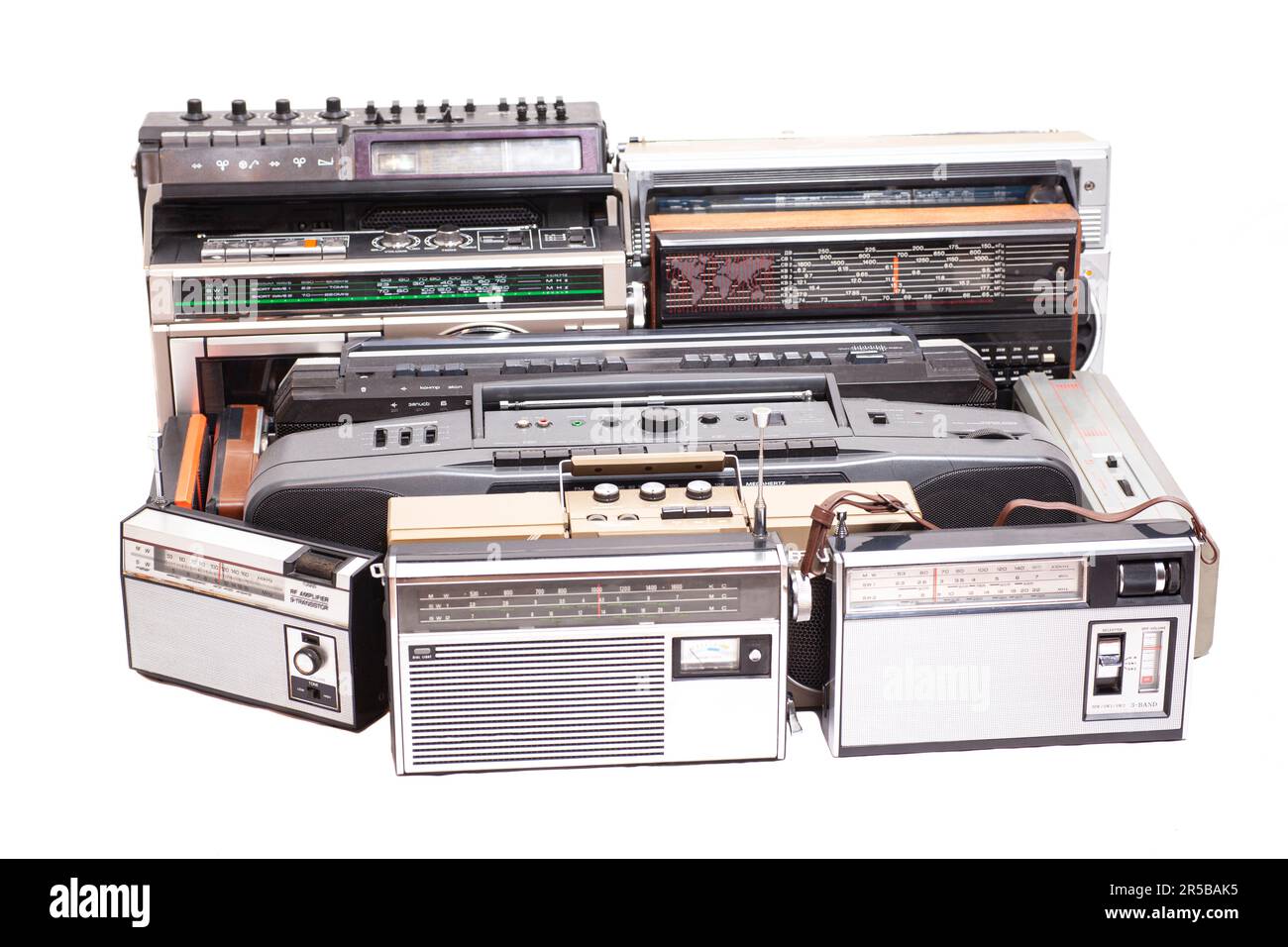 Collection of old tape recorders and transistor radio Stock Photo Alamy
