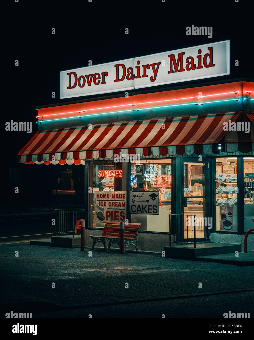 Dover Dairy Maid vintage sign and storefront at night, Dover, New