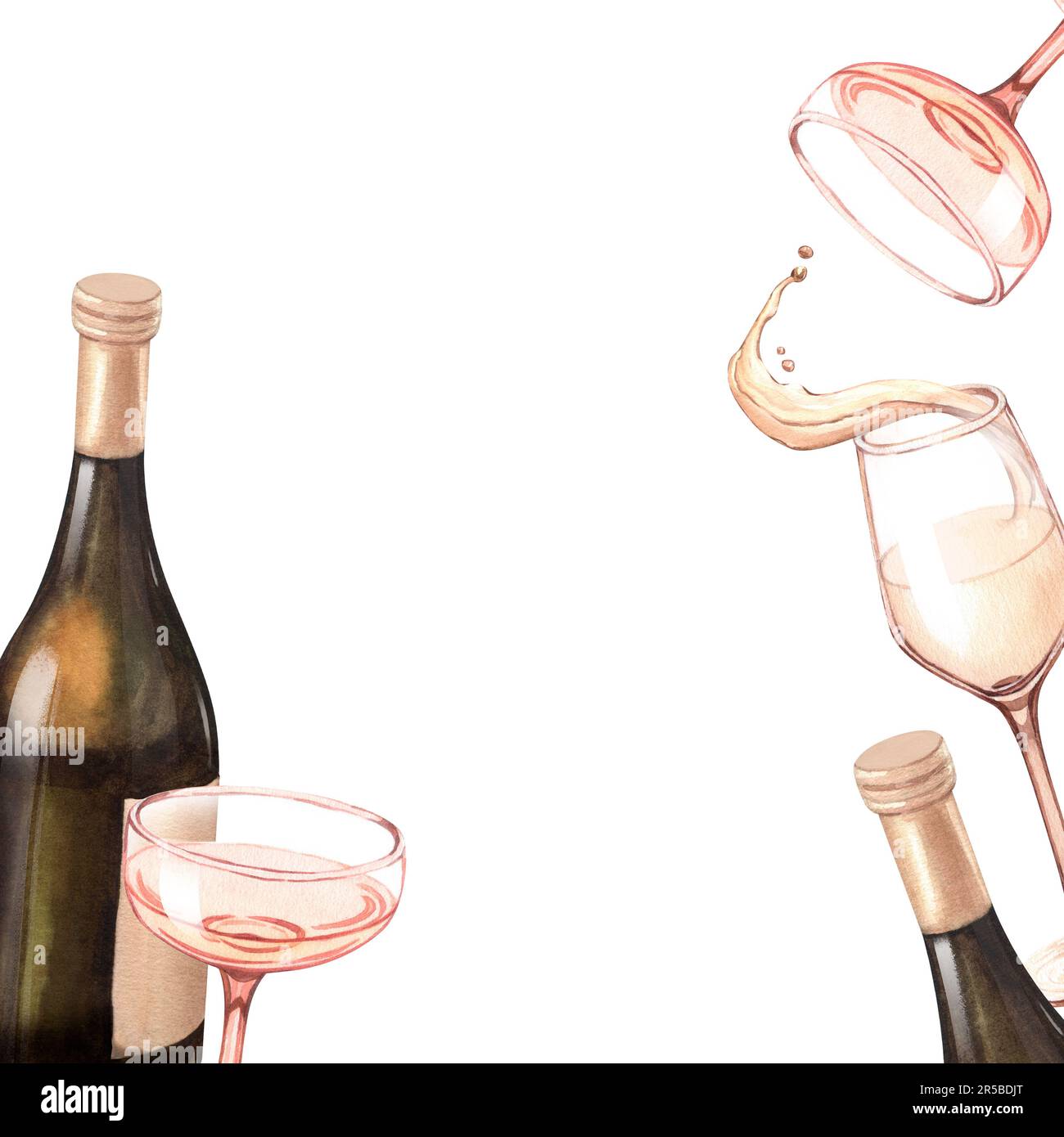 Watercolor illustration of the bottle and one glass of white wine. Picture of a alcoholic drink isolated on the white background. Concept for wine Stock Photo
