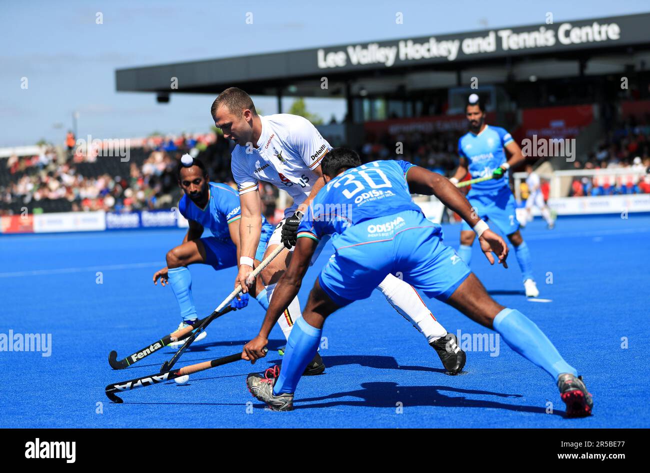 Belgium's Emmanuel Stockbroekx battles with India's Amit Rohidas during the FIH Hockey Pro League match at Lee Valley, London. Picture date: Friday June 2, 2023. Stock Photo