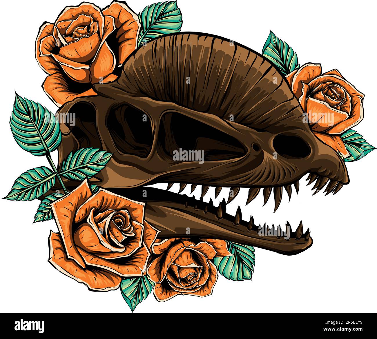 dinosaur head skull with rose artwork design Stock Vector