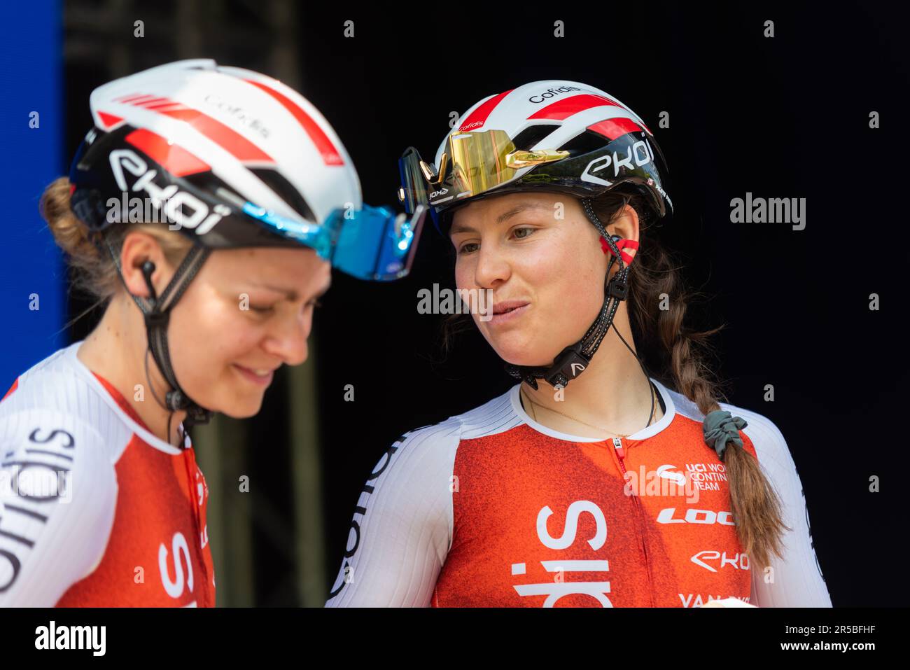 Cofidis Women Team riders at Classique UCI Women's WorldTour road race Stage 3, 2023 Ford RideLondon. Victoire Berteau, Gabrielle Pilote Fortin Stock Photo