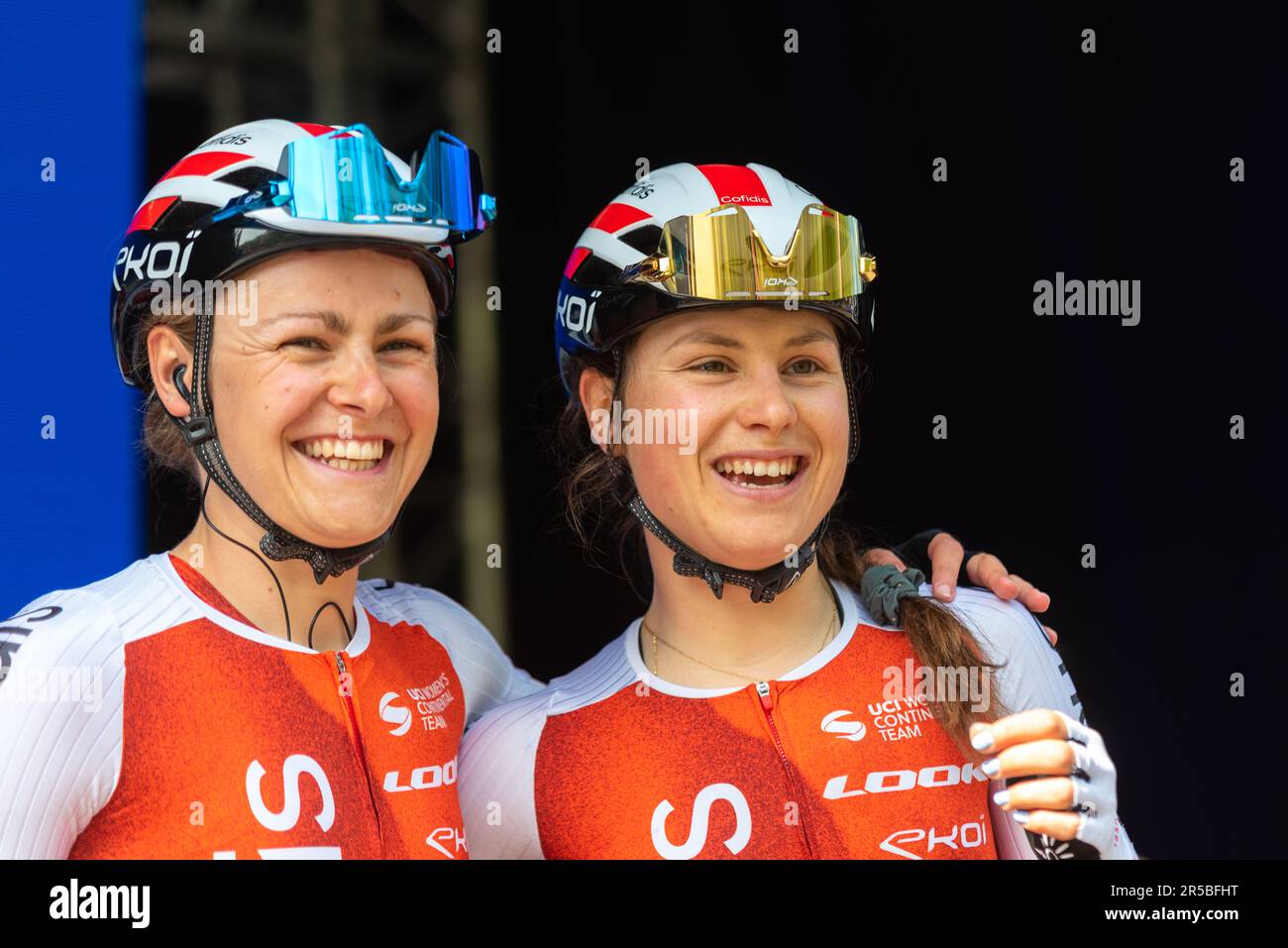 Cofidis Women Team riders at Classique UCI Women's WorldTour road race Stage 3, 2023 Ford RideLondon. Victoire Berteau, Gabrielle Pilote Fortin Stock Photo