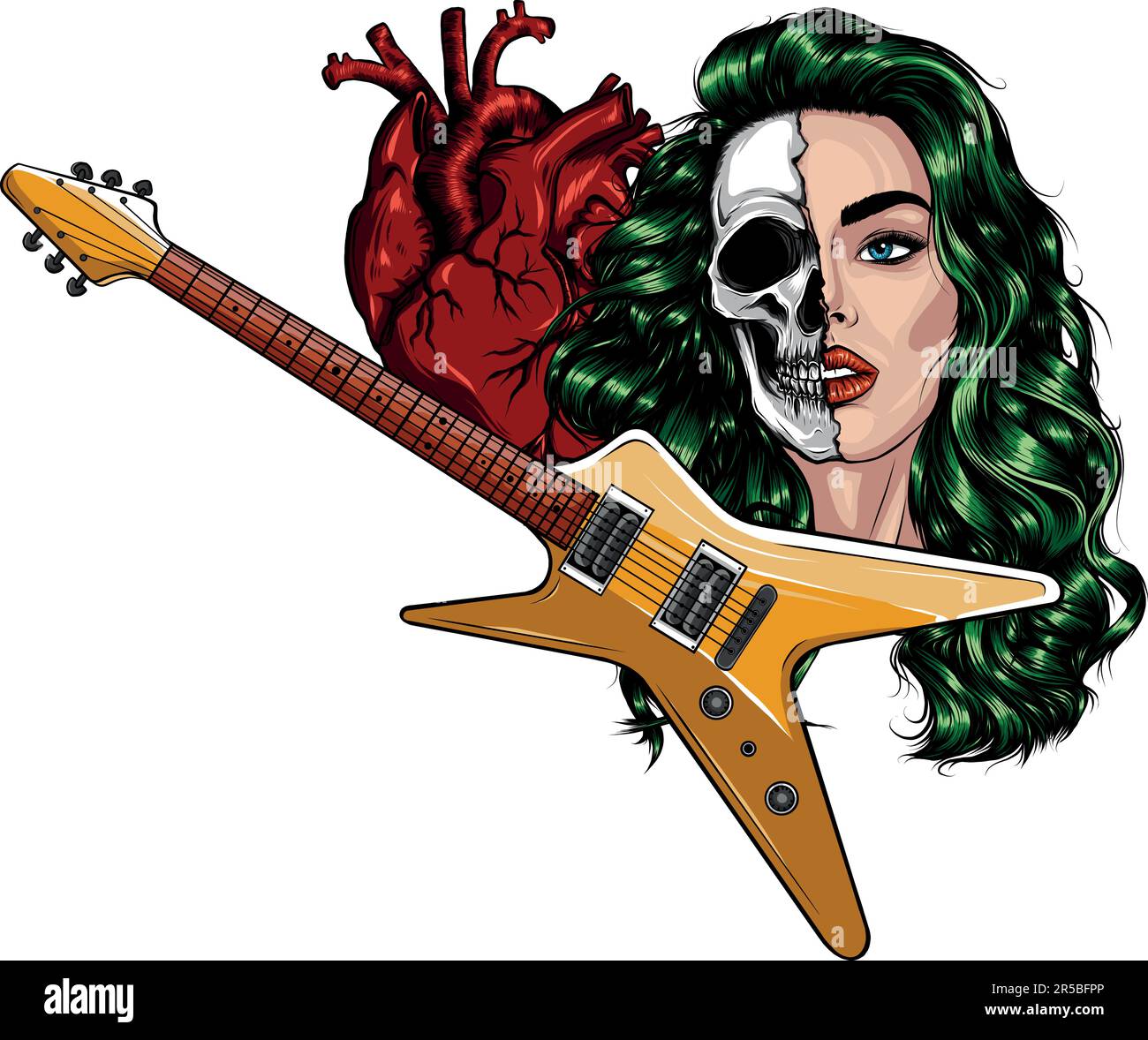 vector illustration of electric guitar with humna heart and woman face