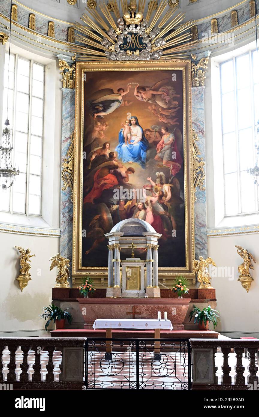 Vienna, Austria. Church at the court. The classical altar room. High altarpiece with the theme 'Mary surrounded by the nine choirs of angels Stock Photo