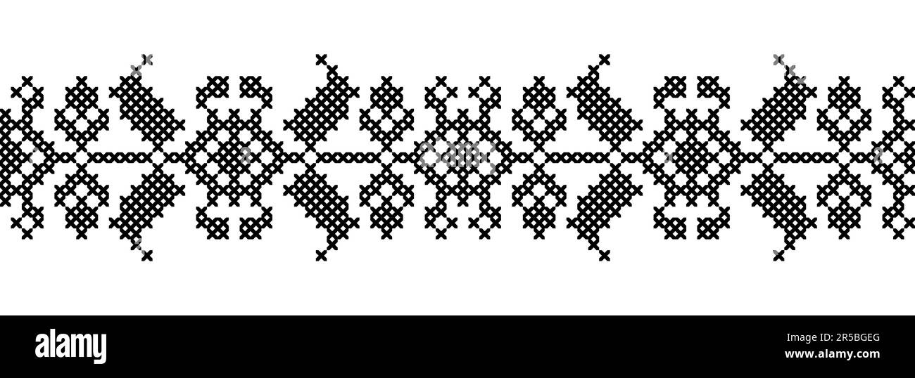 Ukrainian vector ornament, seamless border. Ukrainian folk, ethnic geometric embroidery. Ornament in black color. Pixel art, vyshyvanka, cross stitch Stock Vector