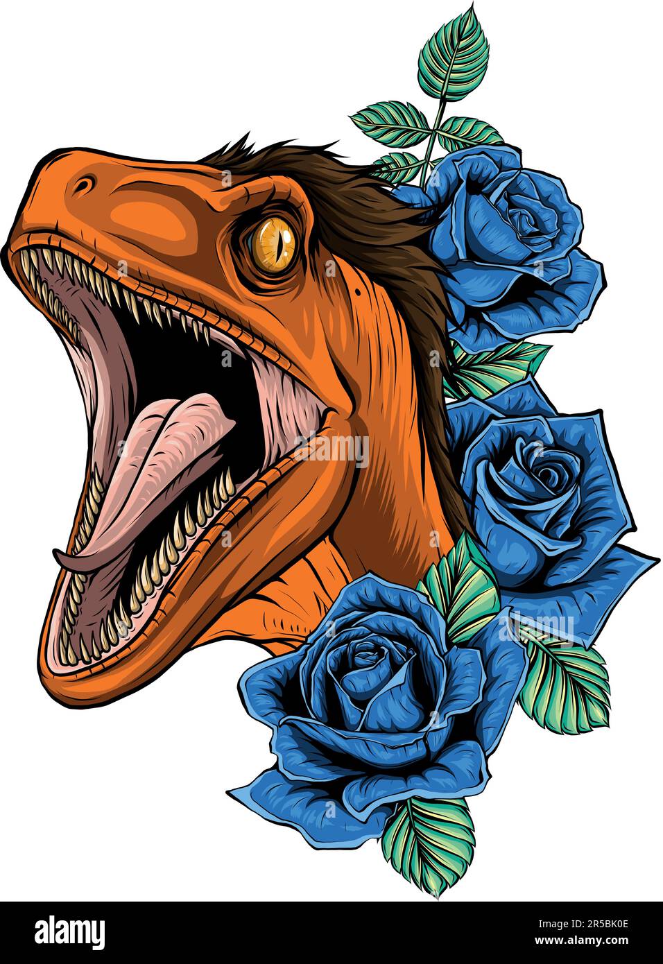 vector illustration of velociraptor head with roses flower Stock Vector