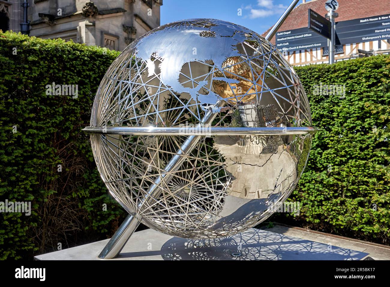 World globe constructed in bright stainless metal at New Place and Nash's House. Stratford upon Avon, England, UK Stock Photo
