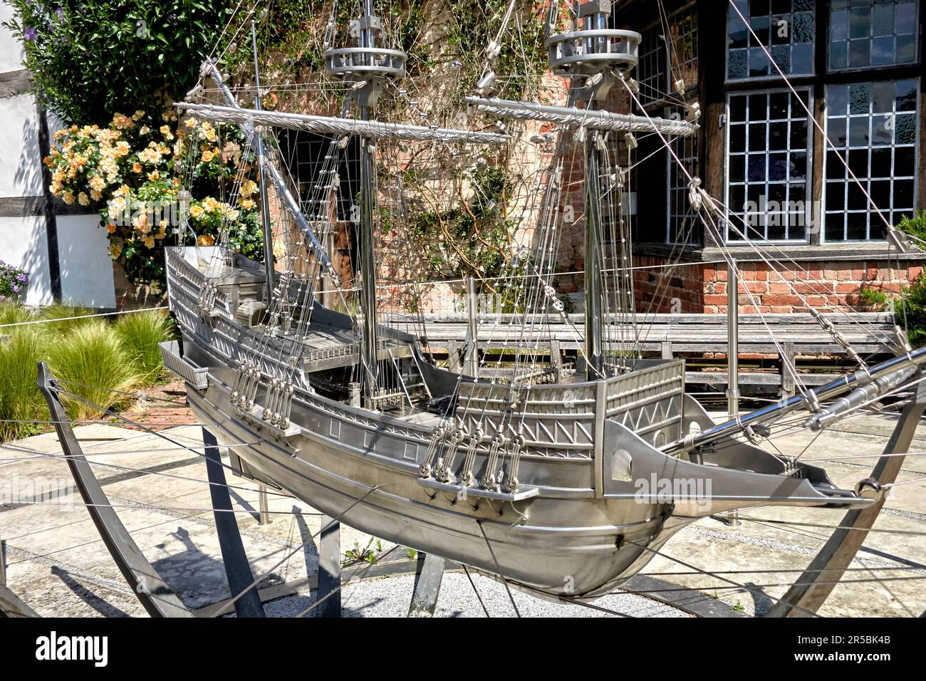 Stainless steel galleon sailing ship feature at New Place and Nash's House  Stratford upon Avon, England UK Stock Photo