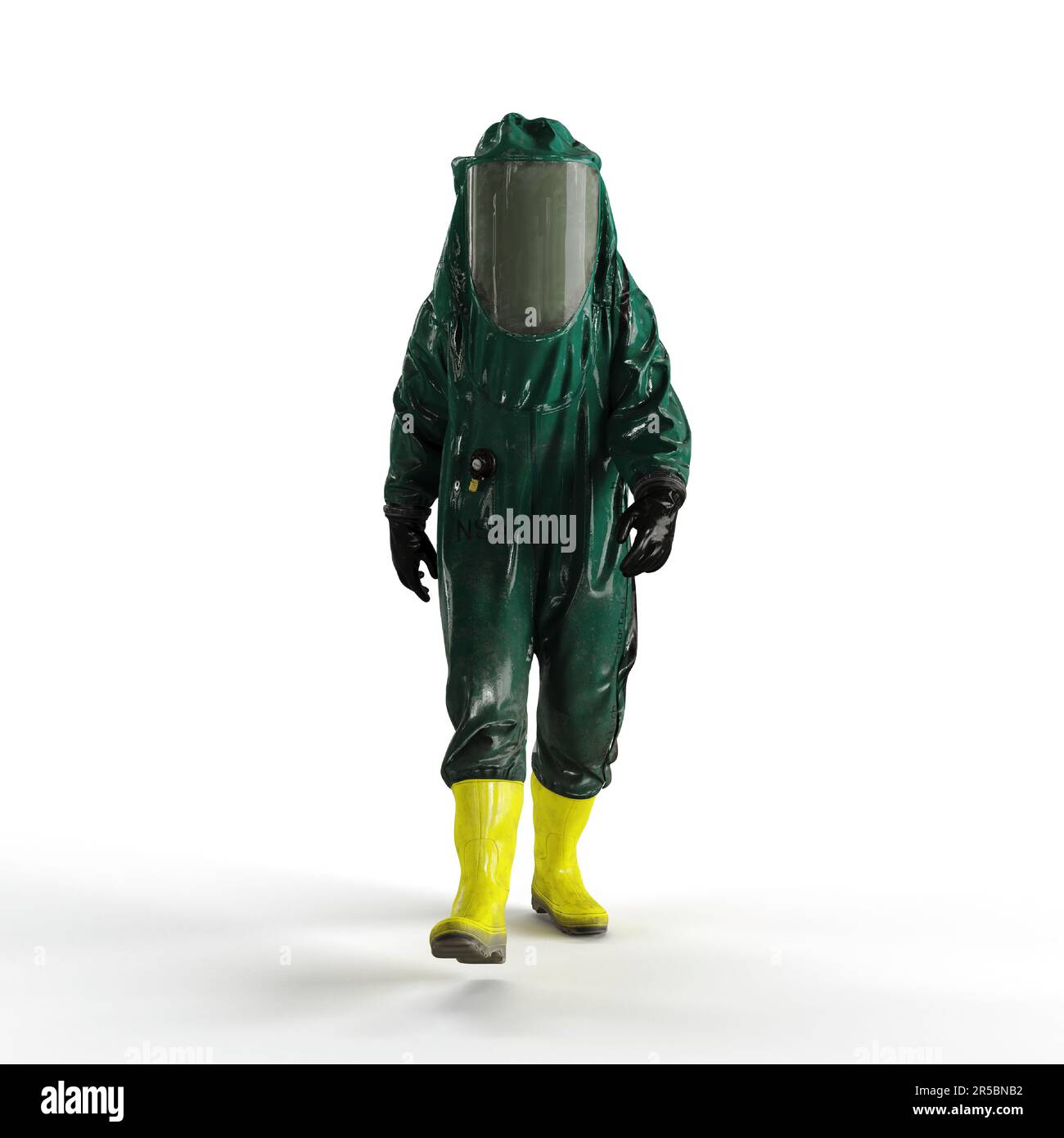 A 3D rendering of a person wearing a green hazard suit, walking on a ...
