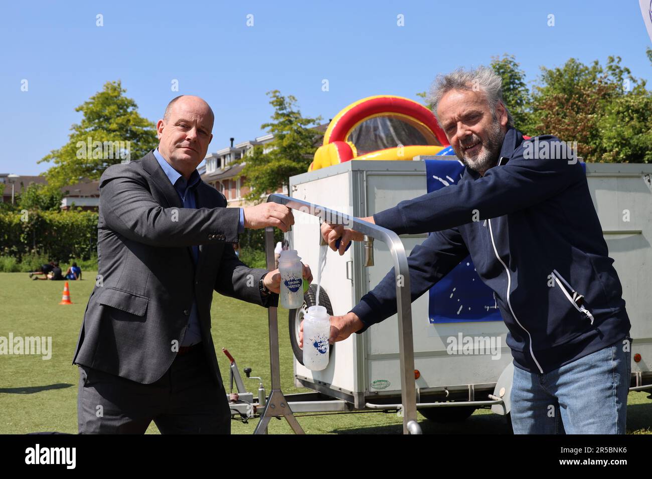 Netherlands, may 2023-Alderman Klovert opens sporting day for primary schools and drinking water tap in Nieuwerkerk in the Netherlands Stock Photo