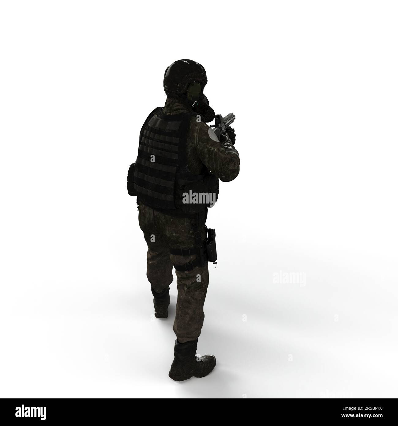 A realistic 3d render of a soldier wearing a gas mask and armed with a ...