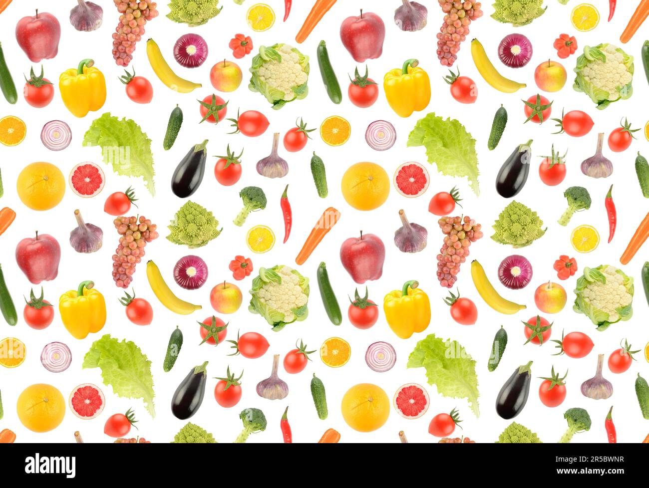 Large seamless pattern of fresh fruits and vegetables isolated on white background. Stock Photo