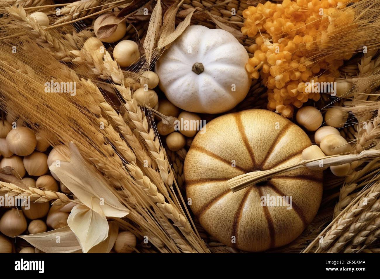 Beige autumnal still life harvest. Golden rye, dry flowers, pumpkins ...