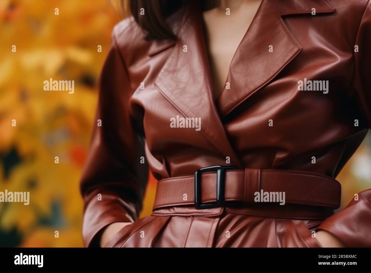Close up fashion details of dark brown classy leather jacket with belt. Fancy women's clothing. Fashion cloth concept Stock Photo