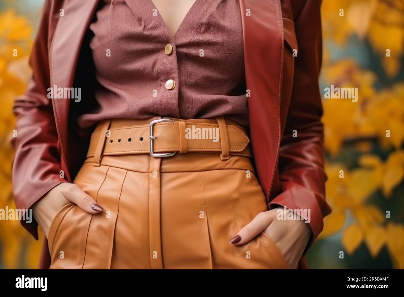 Close up fashion details of dark brown classy leather jacket and orange pants with belt. Fancy women's clothing. Fashion cloth concept Stock Photo