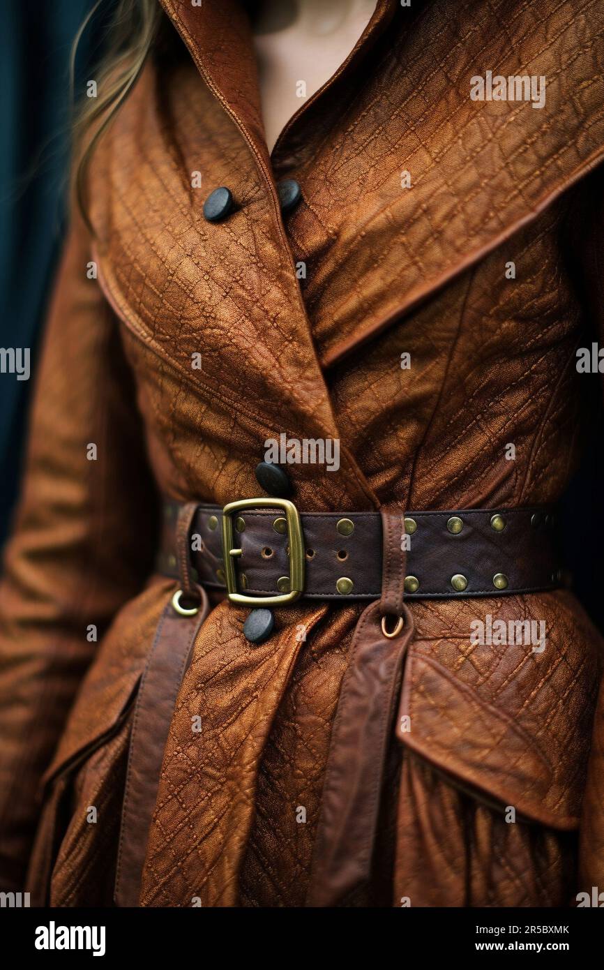 Details of brown coat with belt. Autumn winter female fashion cloth concept. Vertical fashion shot Stock Photo