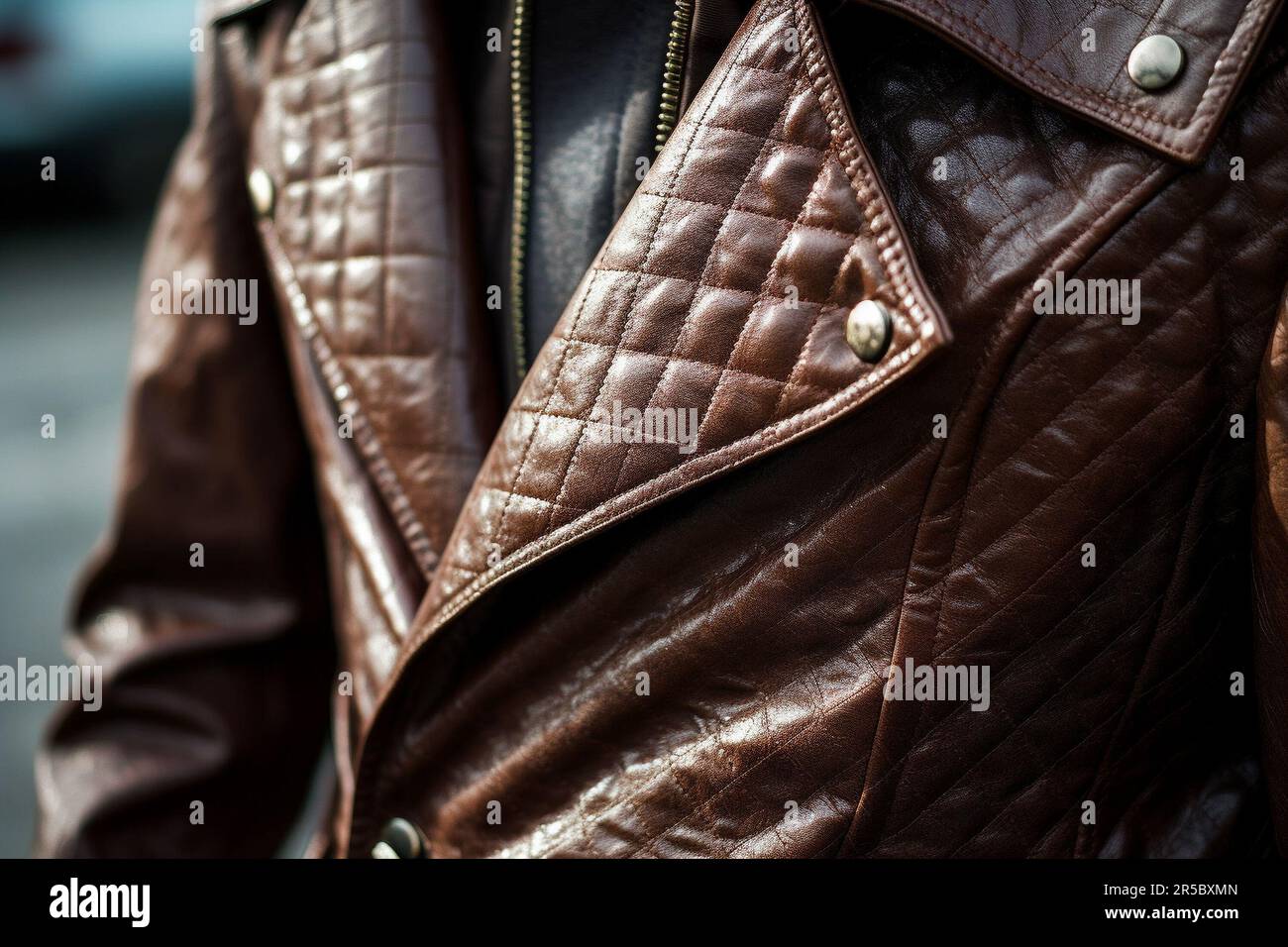 Close up fashion details of dark brown leather classy jacket. Fancy unisex clothing Stock Photo