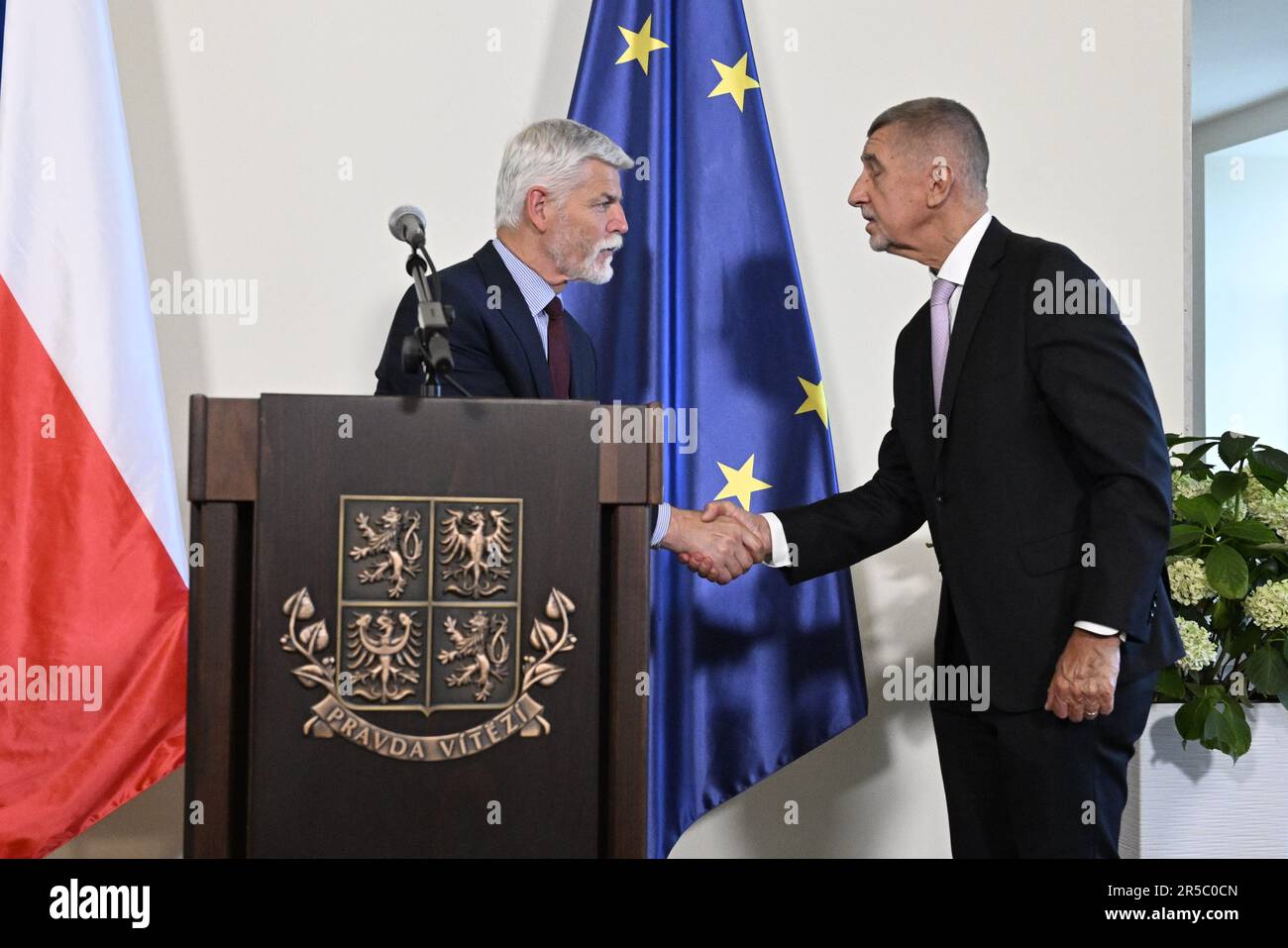 Prague, Czech Republic. 02nd June, 2023. Czech President Petr Pavel (left) spoke about the upcoming North Atlantic Treaty Organisation (NATO) summit in Vilnius and the defence agreement with the United States during his first joint meeting with Prime Minister Petr Fiala (ODS), not pictured, and the leader of the opposition ANO, Andrej Babis, right, in Prague, Czech Republic, June 2, 2023. Credit: Katerina Sulova/CTK Photo/Alamy Live News Stock Photo