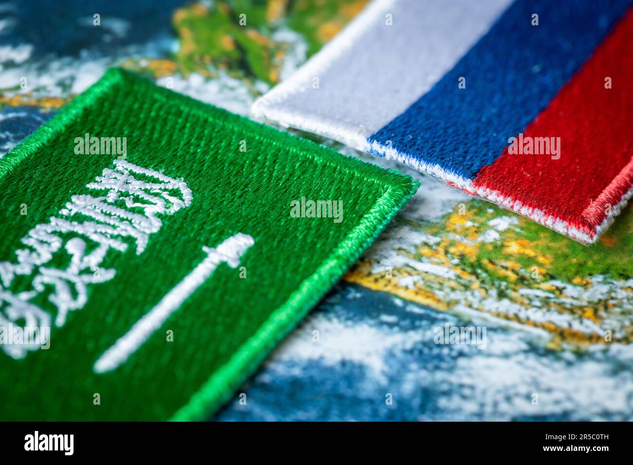 Flags of Saudi Arabia and Russia, Economic concept, World oil prices, diplomatic and economic relations between countries Stock Photo