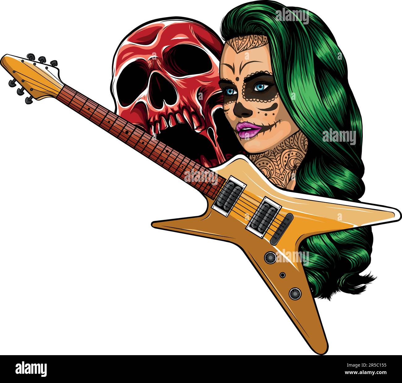 vector illustration of guitar with skull and girl head Stock Vector ...