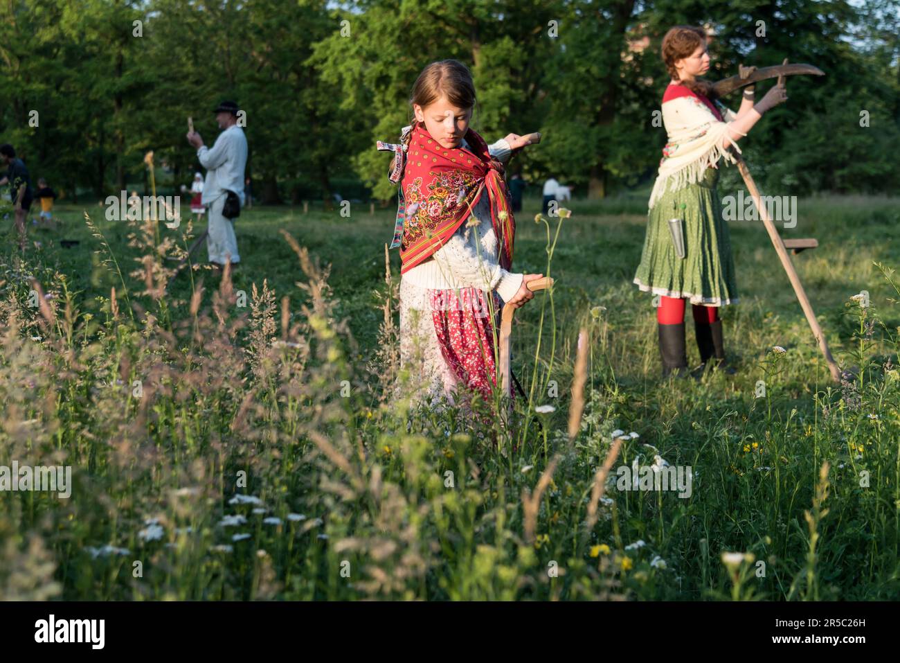 A girl dressed in traditional working outfit uses a scythe to cut down