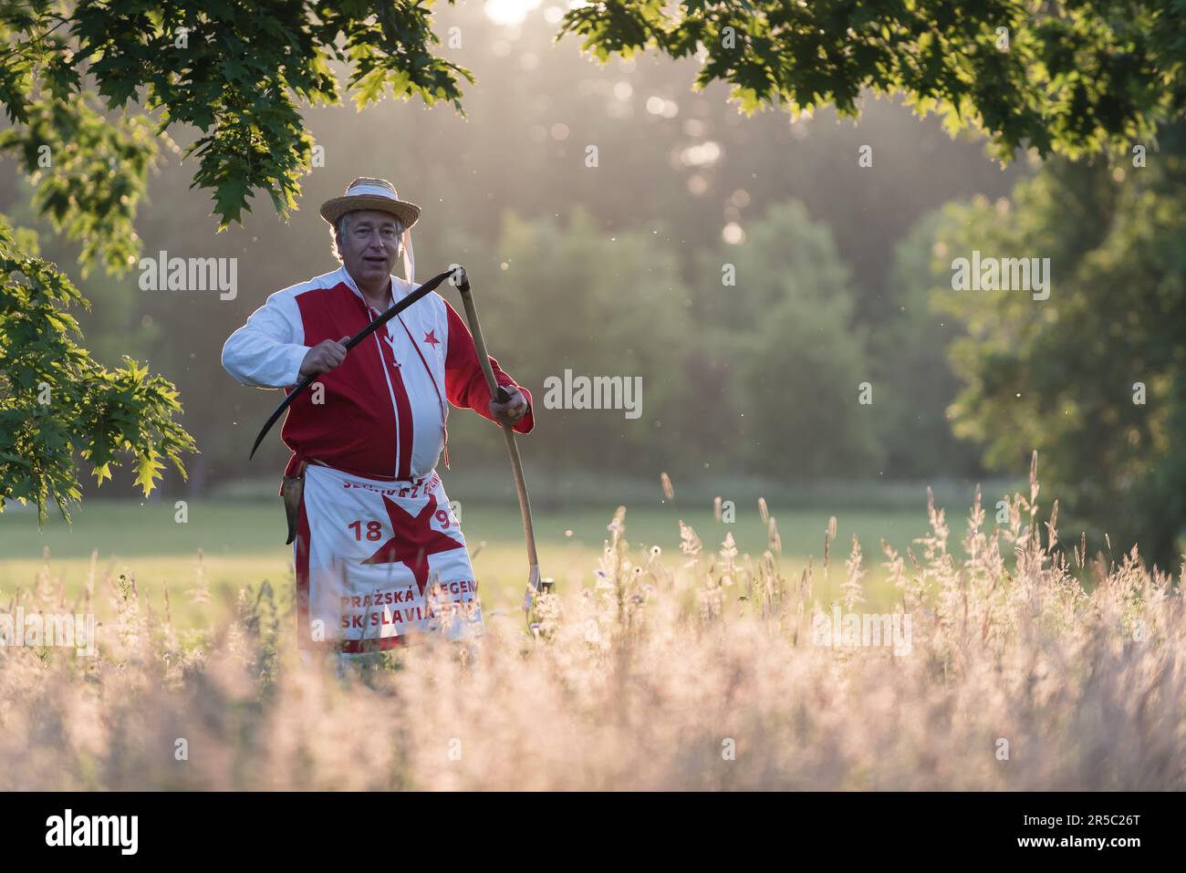 A man uses a scythe to cut down the meadow during sunrise. Around fifty