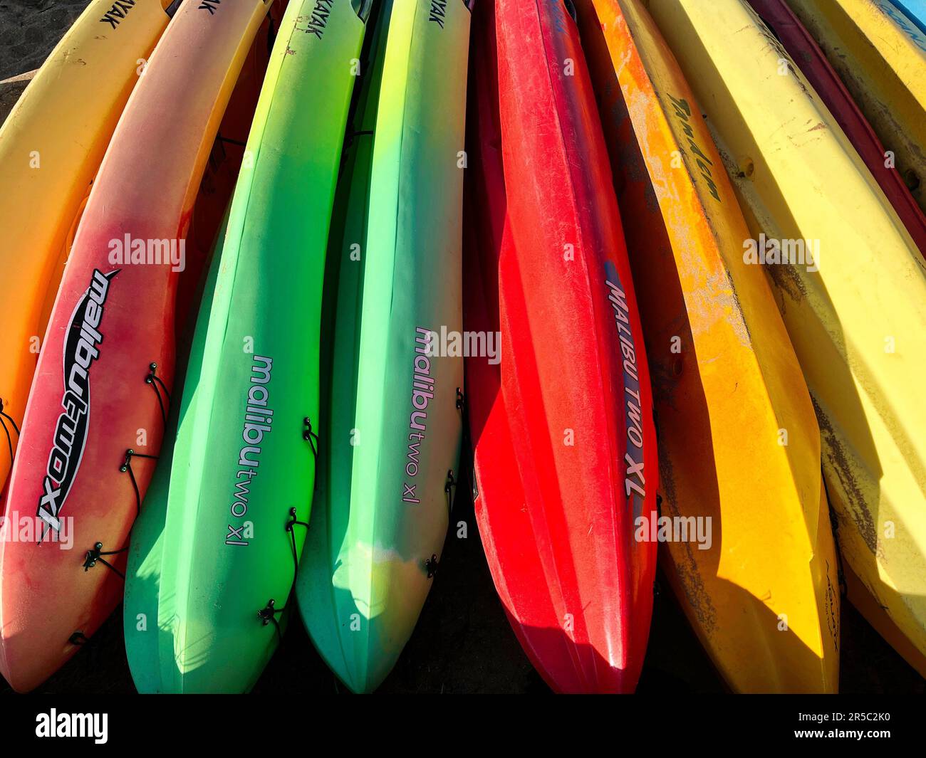 A row of colorful canoes are seen beside each other on a shoreline