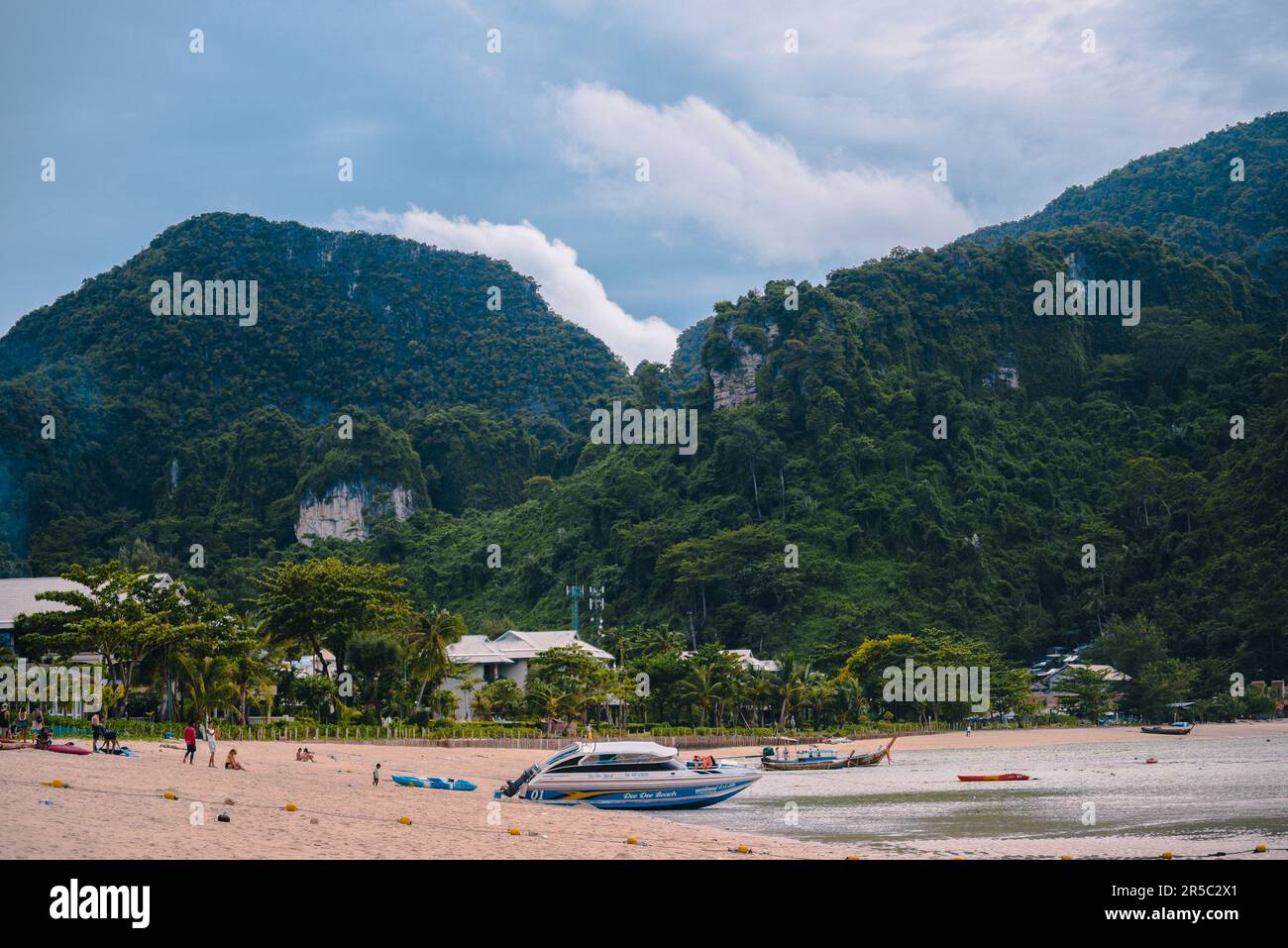 A scenic view of a beautiful beach near mountains on the Phi Phi