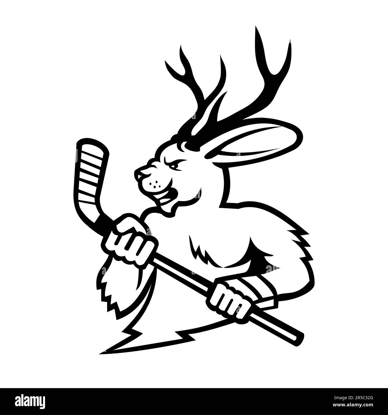 Black and white mascot illustration of head of a jackalope ice hockey player holding an ice hockey stick viewed from side on isolated background in re Stock Photo