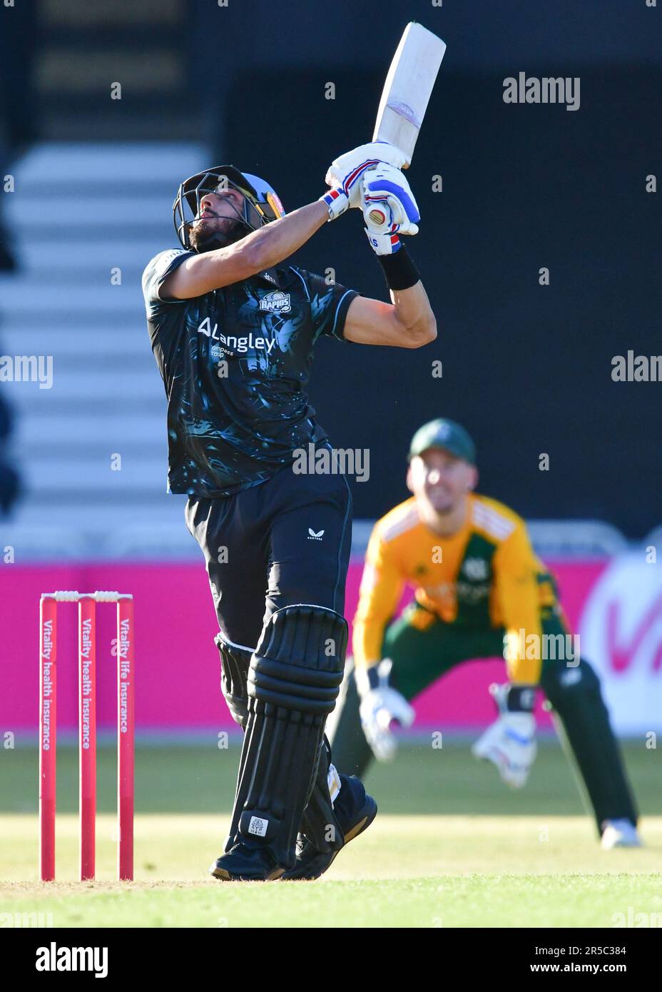 Trent Bridge Cricket Ground, Nottingham, UK. 02 June 2023 at 18.30hrs. Vitality Blast T20 Cricket.  Notts Outlaws v Worcestershire Rapids.    Kashif ALI (Worcestershire Rapids) hit the ball high - Caught out by CARTER (Notts Outlaws.  Picture: Mark Dunn /  Alamy Live News Stock Photo