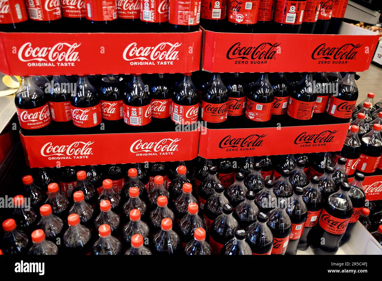 02 June 2023 /Cocao cola bottles diplay for sale in danish grocery store in danish capital Copenhagen Denmark.    .(Photo by Francis Joseph Dean/Dean Pictures) Stock Photo