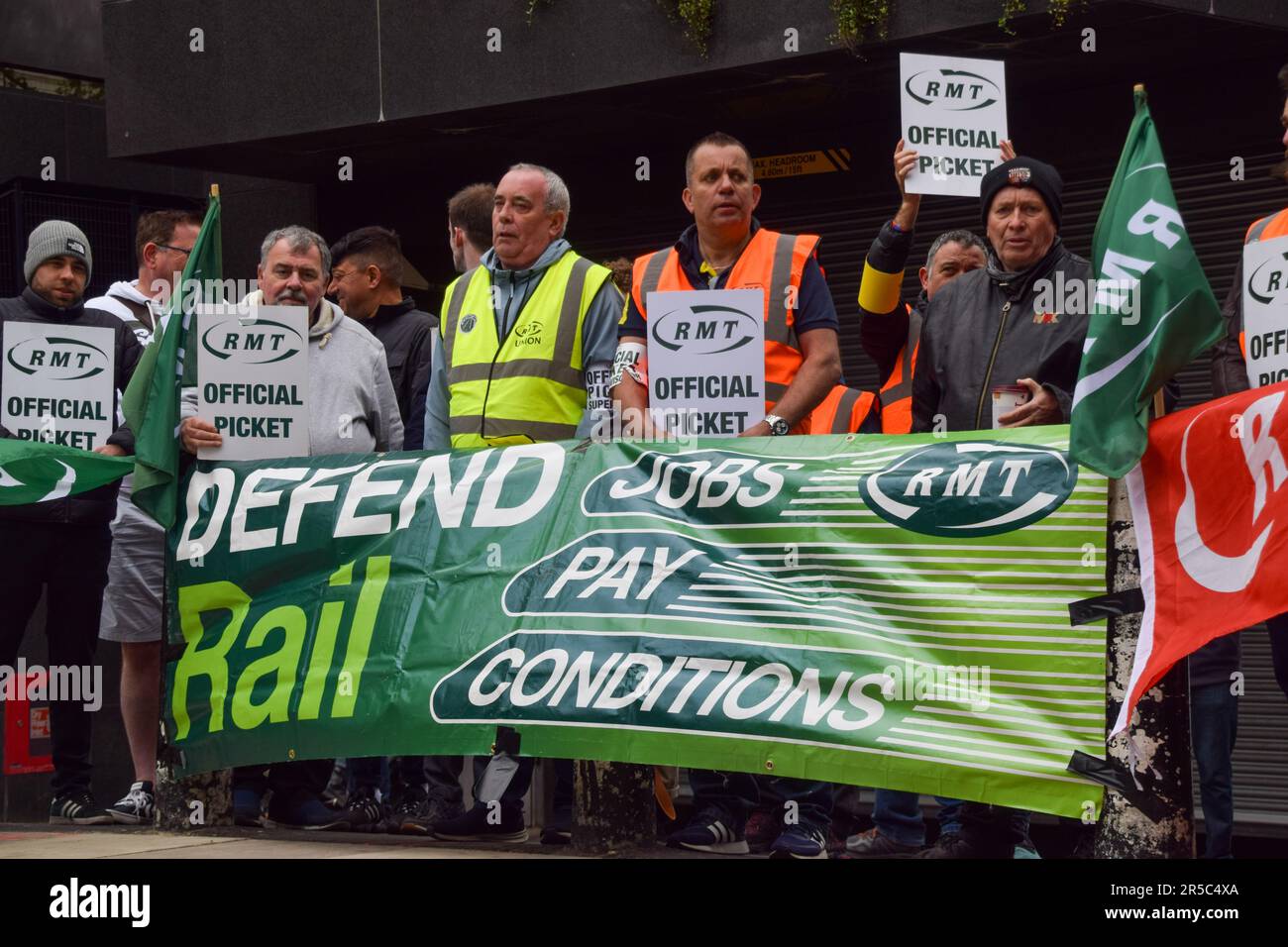 London, UK. 2nd June 2023. RMT members stand at the picket line outside Euston Station as rail