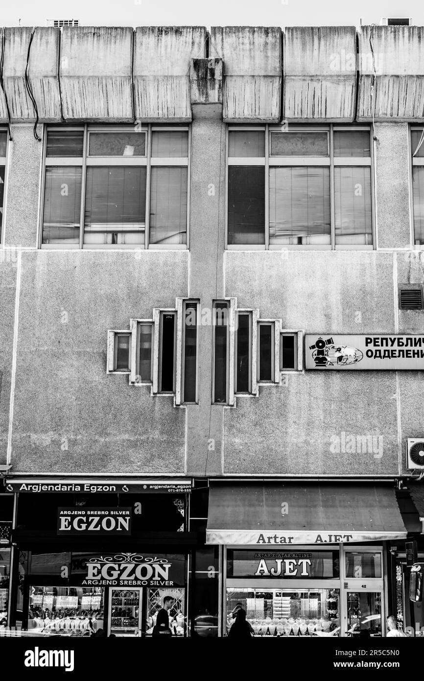 Features from the exterior and facade of a shopping centre in Tetovo, North Macedonia, built in