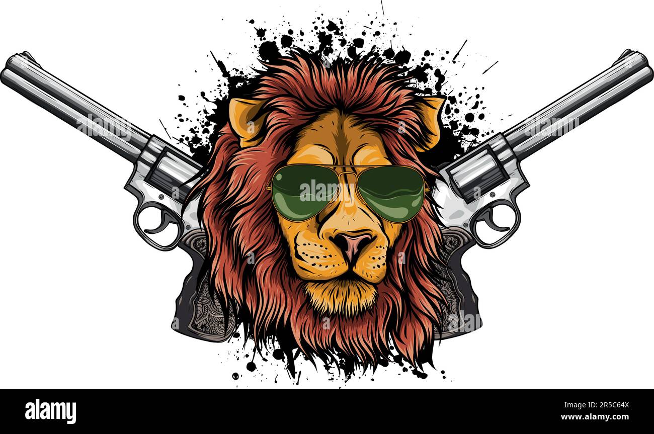 vector illustration of Lion head with two gun Stock Vector Image & Art
