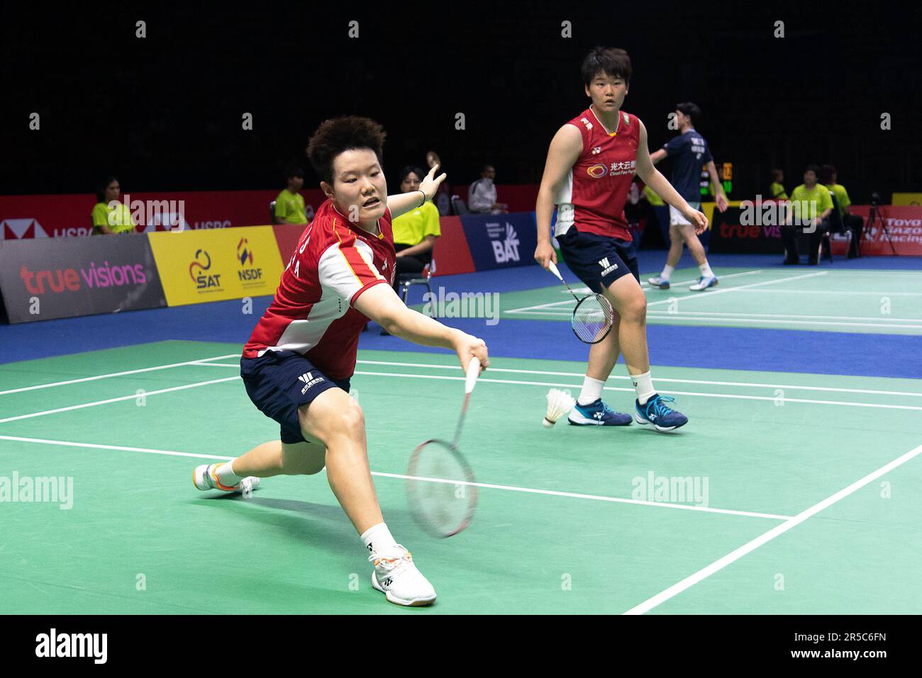 Bangkok, Thailand. 02nd June, 2023. Liu Sheng Shu (L) and Tan Ning (R) of China play against Baek Ha Na and Lee So Hee of South Korea during the Badminton Women's doubles in the Thailand Open 2023 at Huamark indoor Stadium. Baek Ha Na and Lee So Hee won over Liu Sheng Shu and Tan Ning 2:0 (22:20, 21:14). Credit: SOPA Images Limited/Alamy Live News Stock Photo