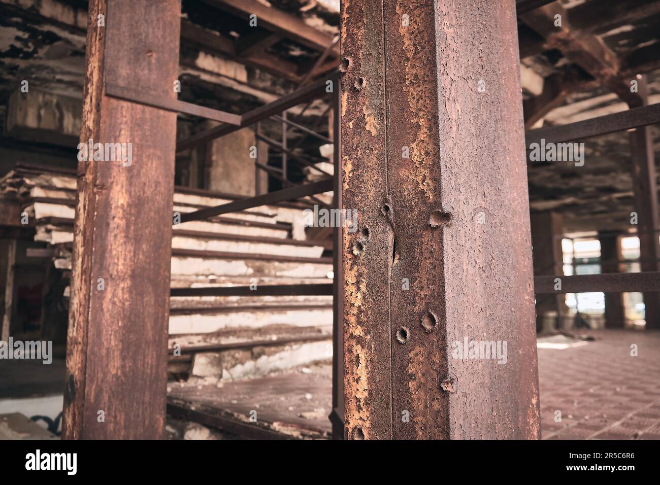 Bullet marks on metal columns Stock Photo
